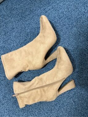 refuge Tan Suede Pointed Toe Block Heel Ankle Boots